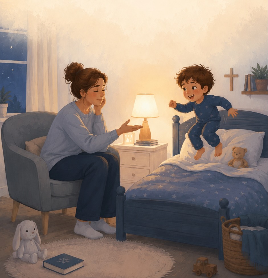 Niño saltando en la cama